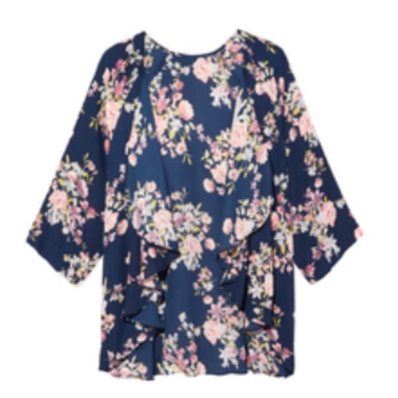open-front Floral Three-Quarter Sleeve Kimono 2X navy blue and floral plus size - Picture 3 of 7